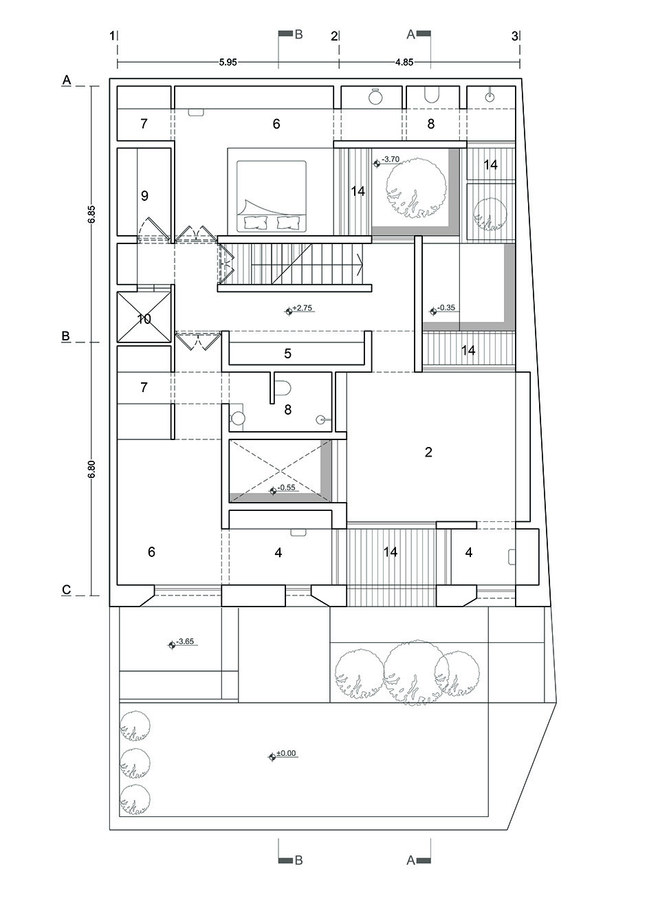 Ground floor plan of the Sahra Building showing parking, entrance, and stairwell layout