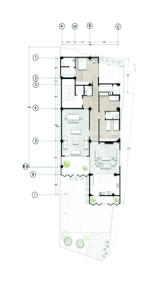 Typical residential floor plan showing rooms, terraces, living areas, and southern balconies with landscaping