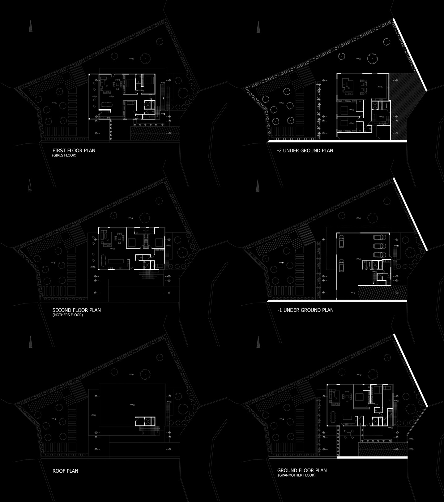 Complete floor plans for all levels from basement to roof extension, with room labels and corresponding axonometric views of each floor