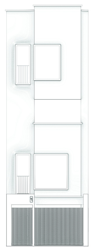 Narrow front elevation drawing showing the full height of the house with its window openings and planter at the first-floor level