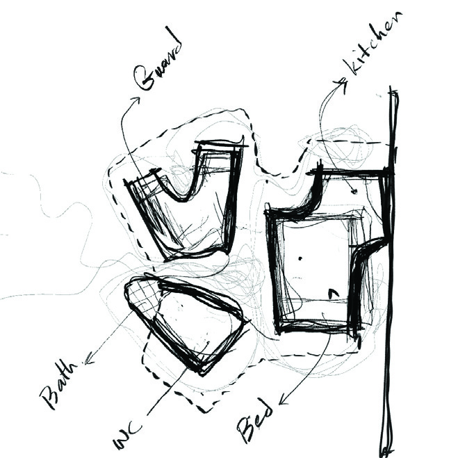 Hand-drawn plan sketch of the worker's house showing the arrangement of the curved modules