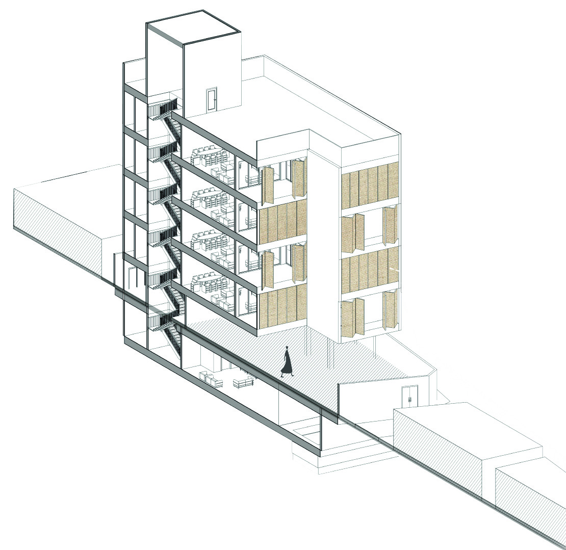 Isometric section drawing showing the internal layout of all floors, staircases, balconies, and reed panel facade