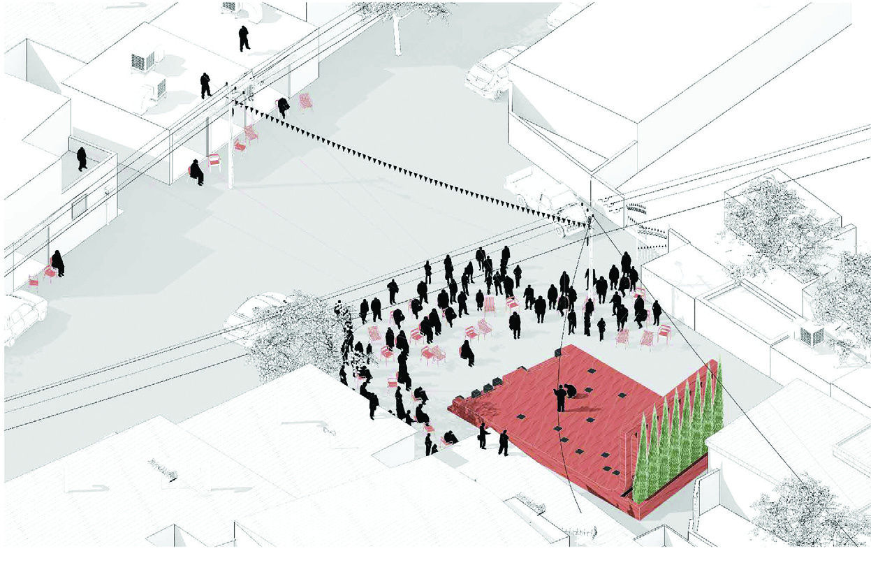 Isometric drawing showing an urban event on the red platform with crowds gathering around it, the vertical wall with cypress trees, and the surrounding town context