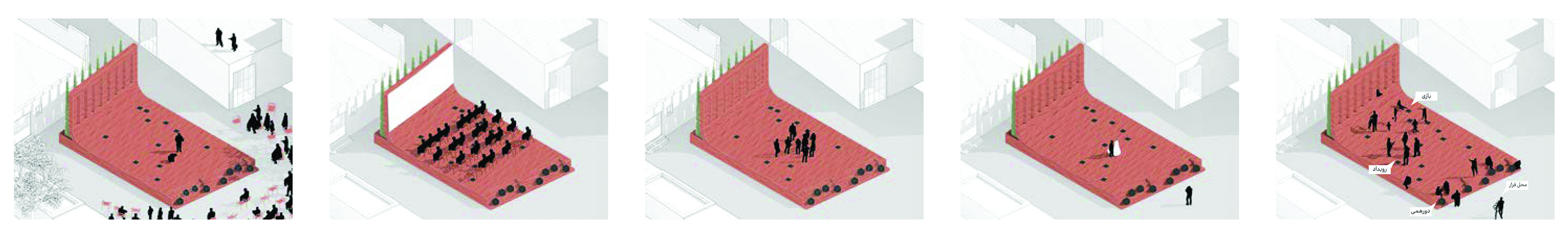 Five isometric diagrams showing different usage scenarios for the platform: Taziyeh ceremony, religious gathering, children's play, townspeople gathering, and a market event