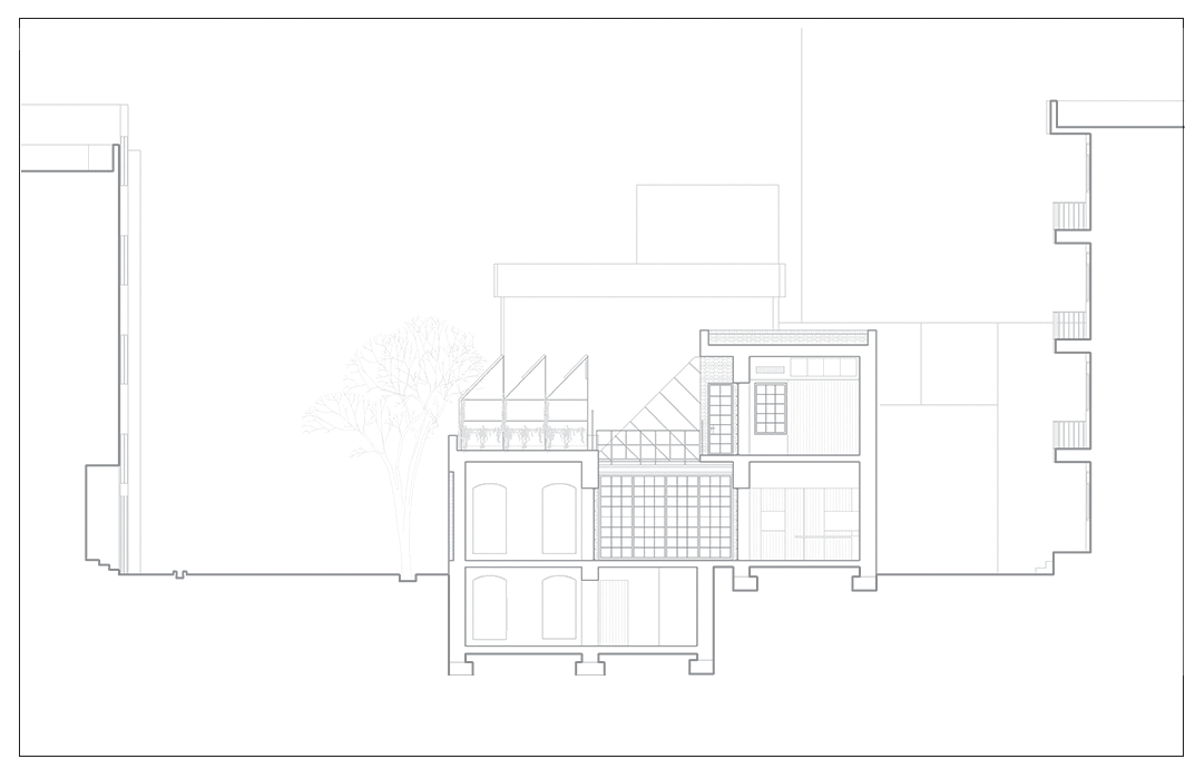 Longitudinal section through Villa Nia showing all levels from basement workshop to rooftop garden