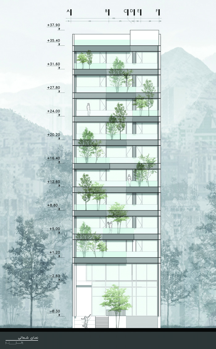 Architectural section drawing of the north elevation showing the multi-story building with trees at each level and height annotations