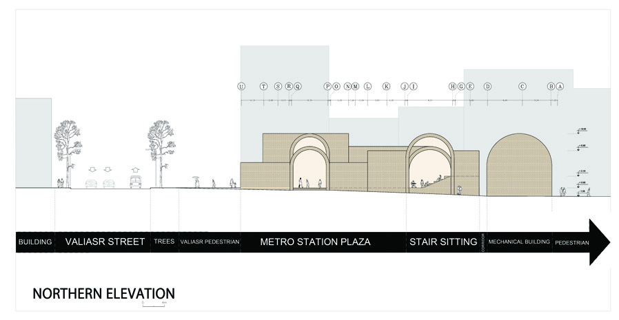 Northern elevation drawing showing the arched structure with metro station plaza, stair sitting area, and the relationship to Valiasr Street and surrounding buildings