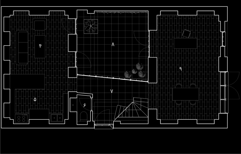 Ground level plan showing living room, kitchen, toilet, lobby, central courtyard, and study