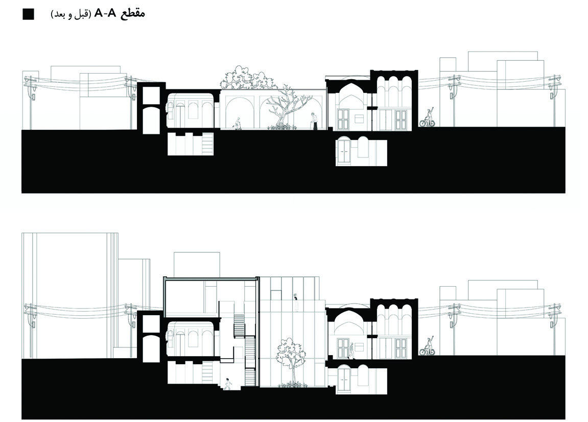 Architectural section A-A showing the house before and after renovation, with the new glass volume and lowered courtyard