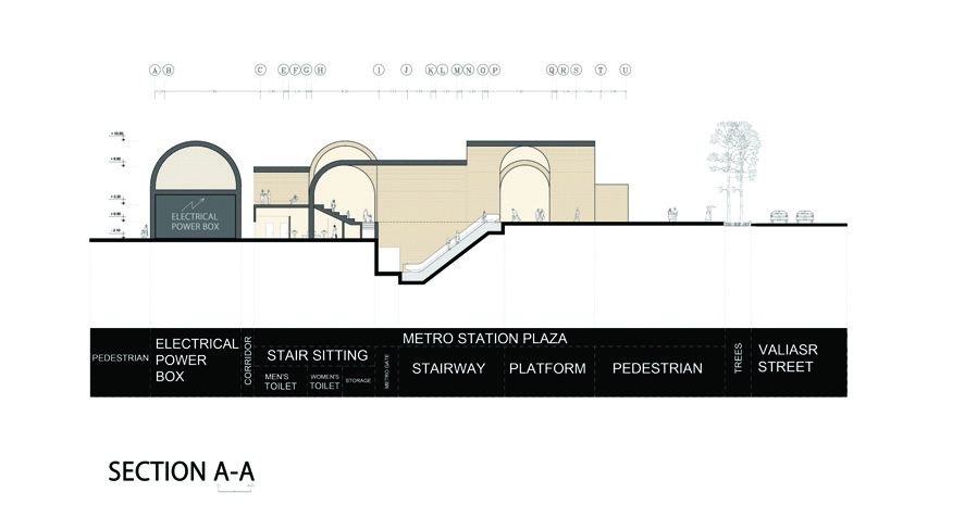 Section A-A drawing showing the interior spaces: electrical power box, stair sitting, men's and women's toilets, stairway, platform, pedestrian area, and the relationship to Valiasr Street