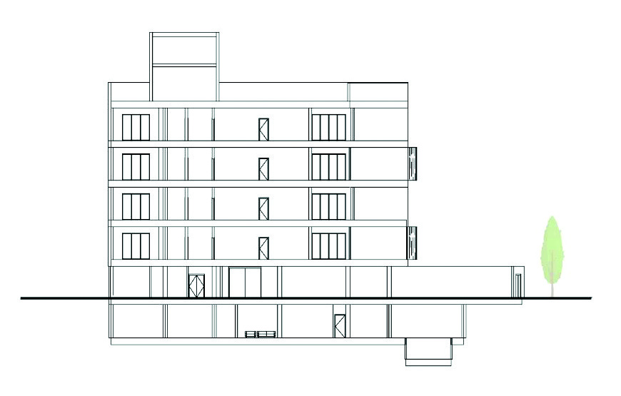 Front elevation section drawing showing the building's five levels, balconies, and facade reed panels