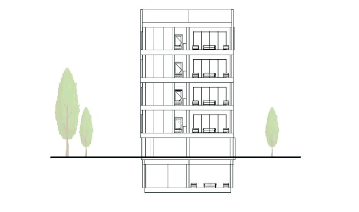 Side elevation section drawing showing the building profile with basement, ground floor, and residential levels