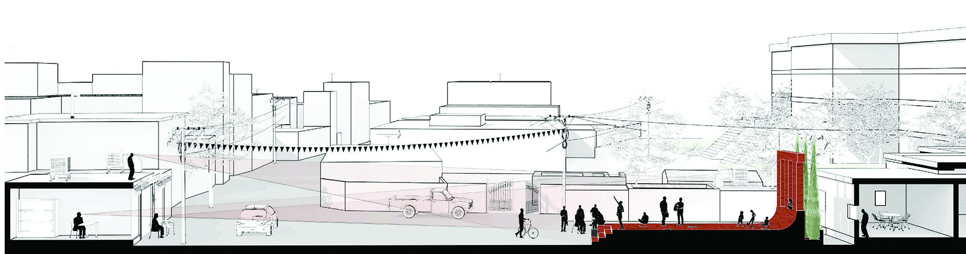 Sectional drawing through the town showing the red platform and vertical wall in context with surrounding buildings, streets, pedestrians, vehicles, and the urban life of Sepiddasht