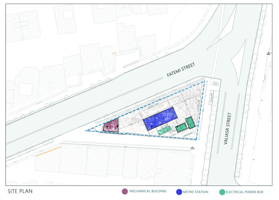Site plan showing the triangular plot at the intersection of Fatemi Street and Valiasr Street, with the mechanical building, metro station, and electrical power box marked in different colors