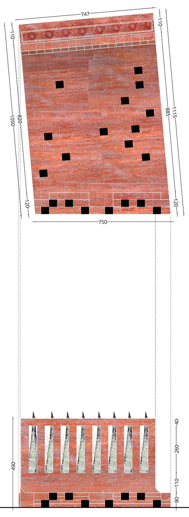 Technical elevation drawing of the red stone wall showing plan view, front elevation with openings, and side elevation with dimensions