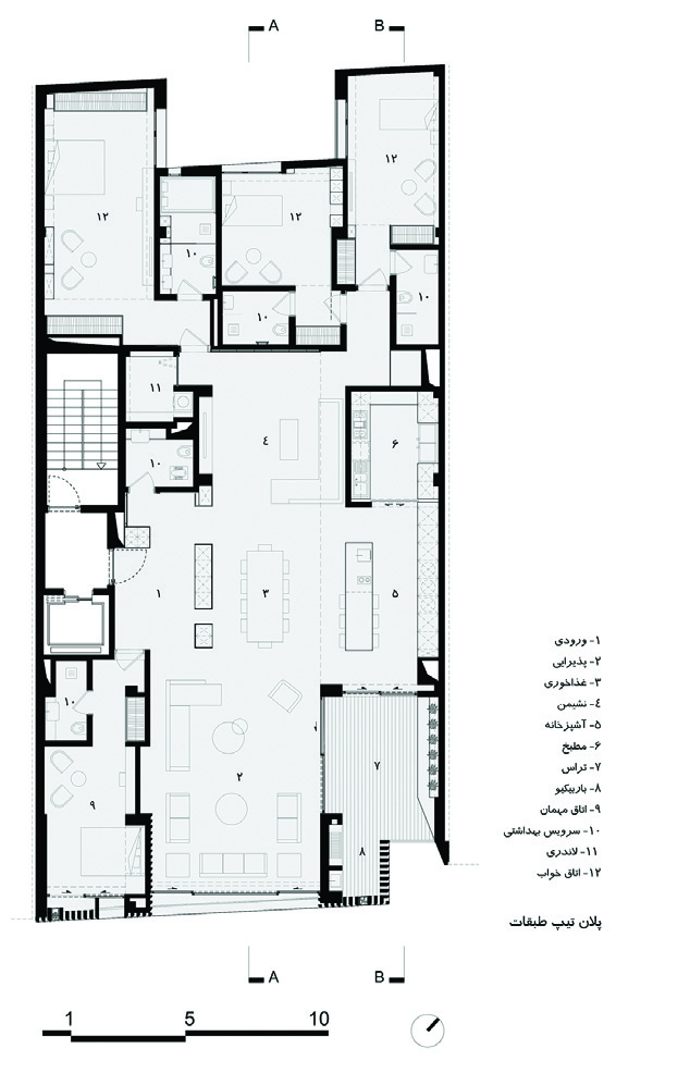Typical floor plan of the Sayeh Residential Building showing the layout of rooms, terraces, kitchen, and living areas with Farsi labels