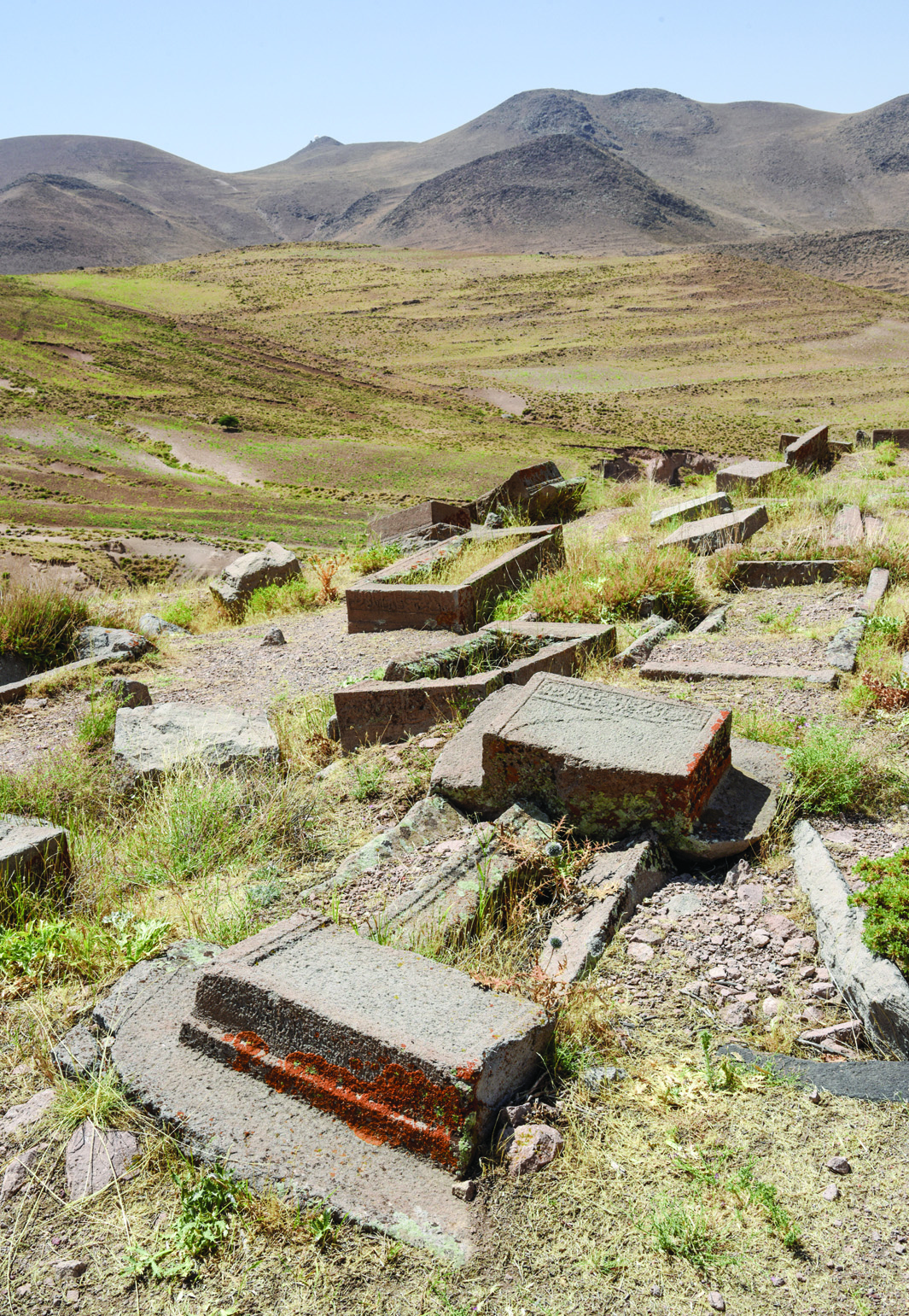 An ancient stone gravestone from the Badamyar cemetery, carved with a human figure holding objects, standing in a grassy field