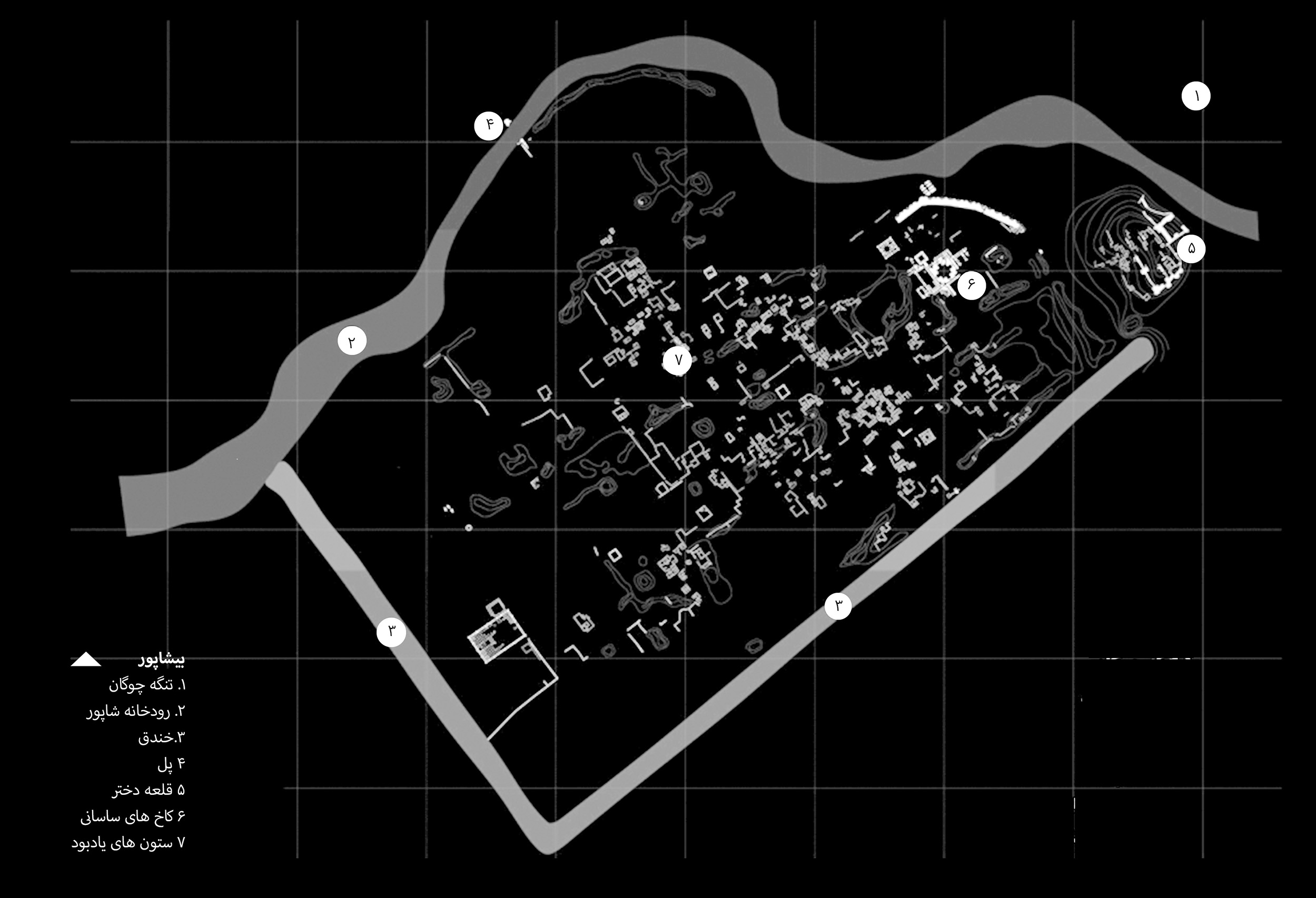 Detailed plan of the ancient city of Bishapur showing the grid layout, Chogan Gorge, Shapur River, ditches, Qala Dokhtar fortress, and Sassanid palaces