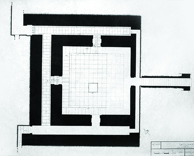 Architectural floor plan of the Anahita temple at Bishapur showing the square central courtyard, surrounding corridors, and water channels