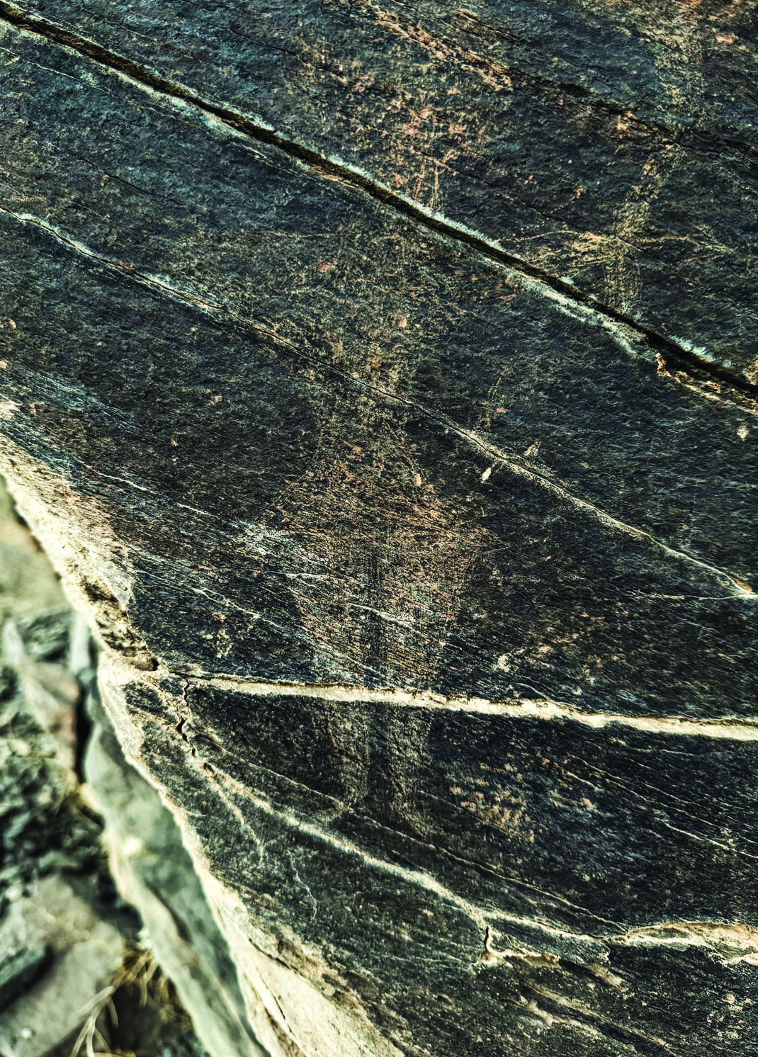 Petroglyph at Darreh Negaran showing a detailed scene with a horseback rider and other animals on dark rock