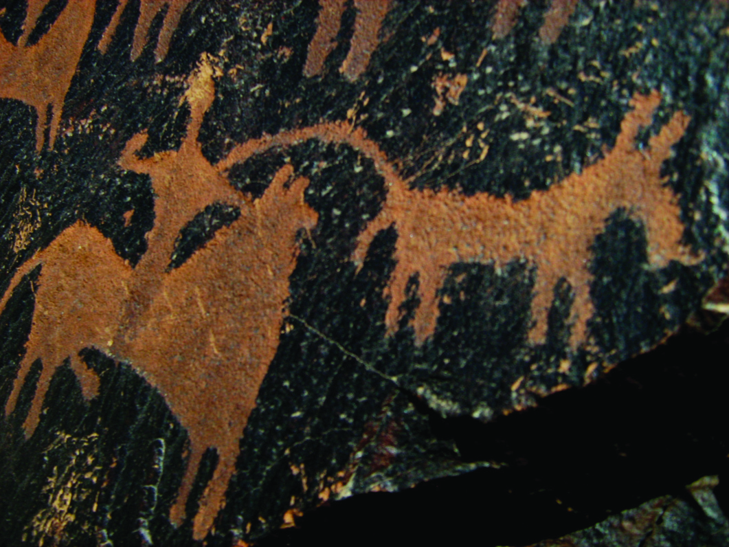 Close-up of a large ibex petroglyph at Darreh Negaran with prominent horns etched into dark stone