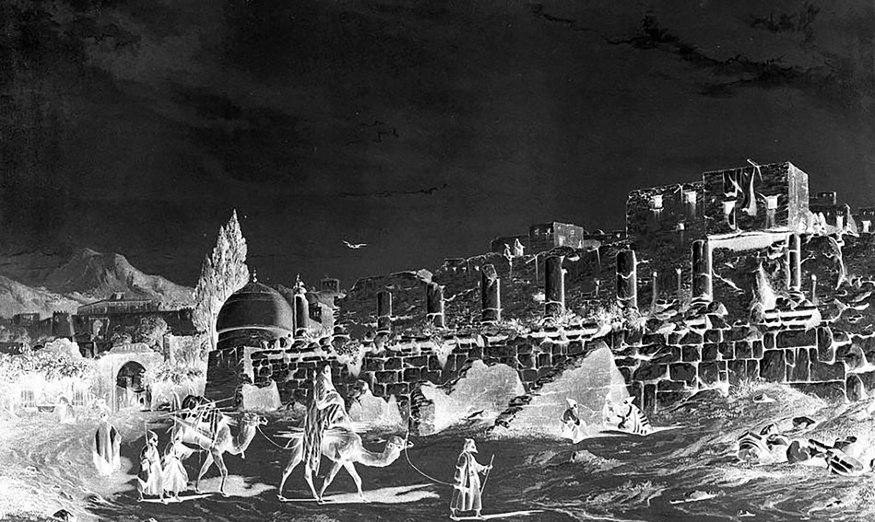 Eugene Flandin's 19th-century drawing of the Anahita temple ruins at Kangavar during the Qajar period, showing columns, stone walls, and a caravan passing in the foreground