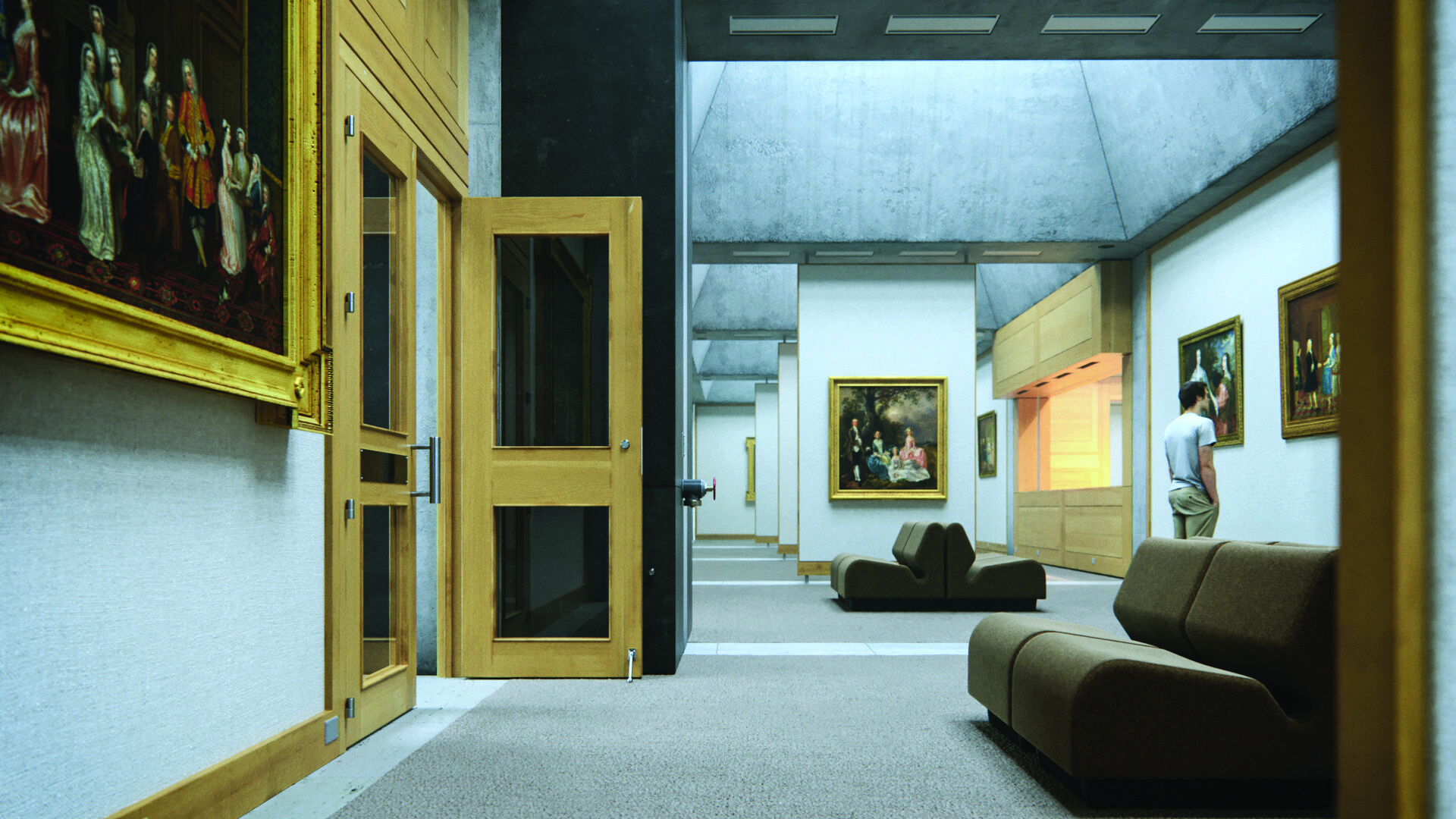 Interior gallery with warm oak paneling framing British paintings on linen-covered walls, natural light filtering through skylights above creating a golden atmosphere