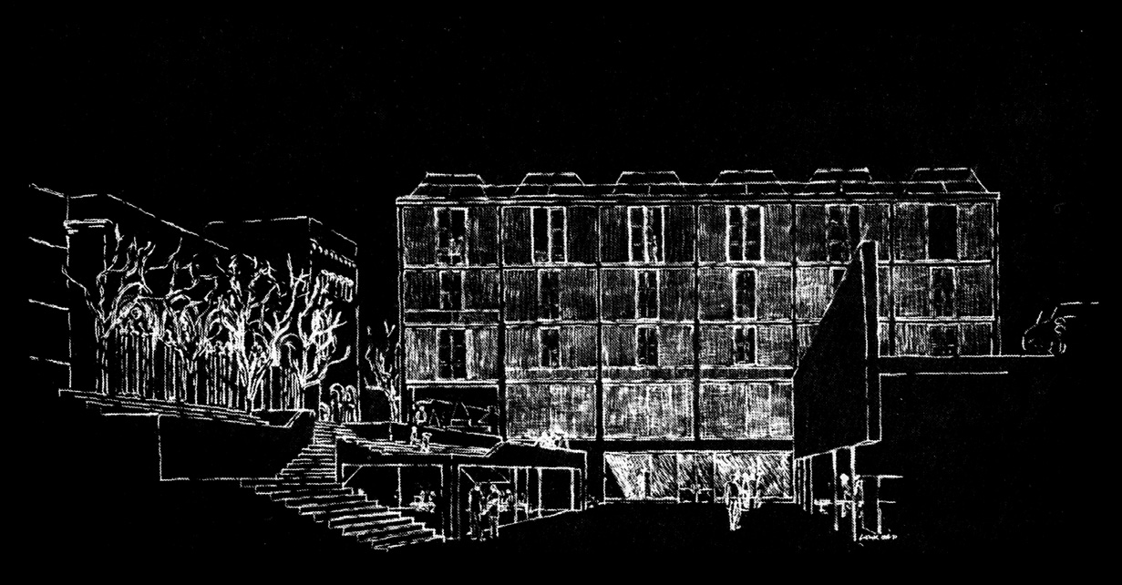 Louis Kahn's chalk study on black paper showing the third court of the Center, depicting stepped festival seating and the connection between the street, theater, and assembly hall