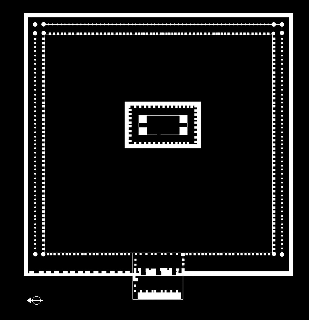 Detailed general plan of the Anahita temple at Kangavar showing the columned peripteral structure, central platform, and southern entrance with twin stairways