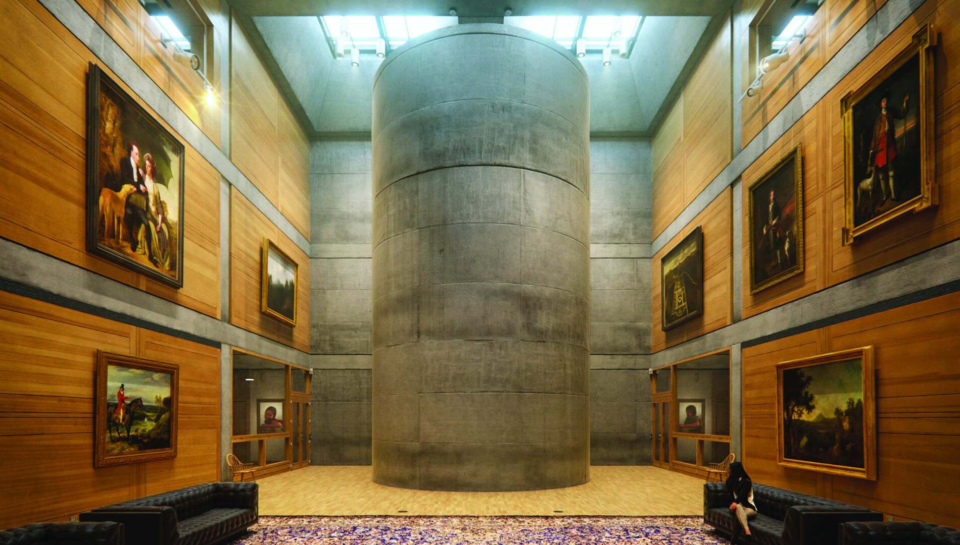 Color photograph of the library court showing the monumental concrete stair drum from the front, surrounded by oak-framed galleries on multiple levels with warm ambient light