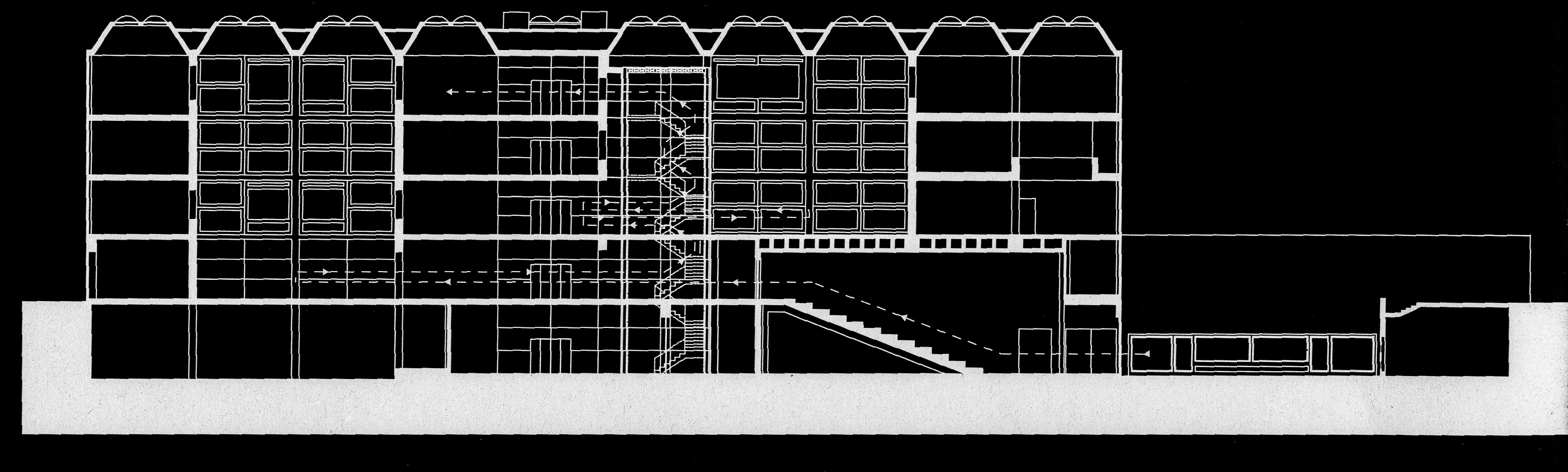 Building section drawing on black background showing the vertical circulation from the underground entrance through the entrance court to the library court and galleries above