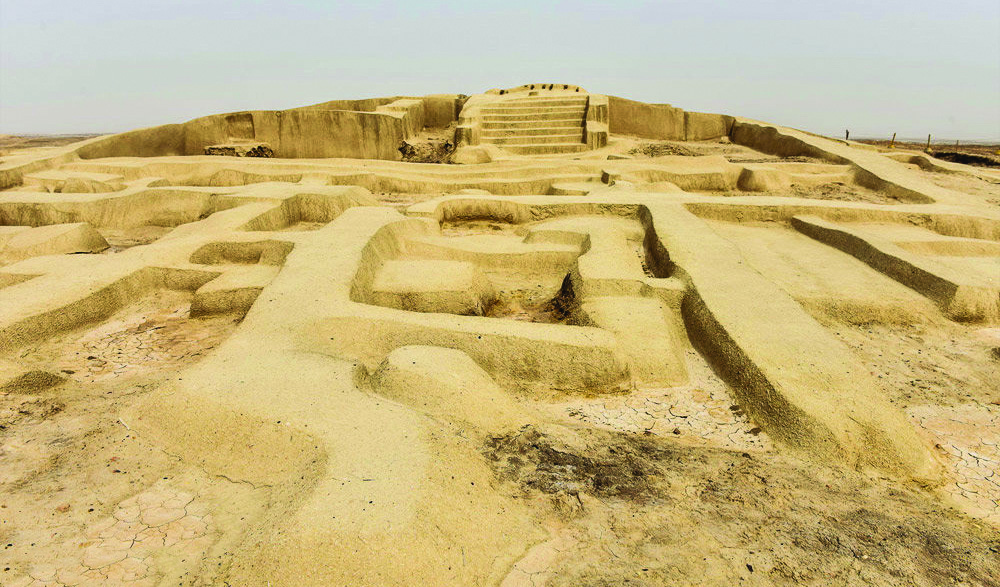Aerial view of Shahr-e Sukhteh (Burnt City) archaeological excavation showing ancient urban structures in the desert