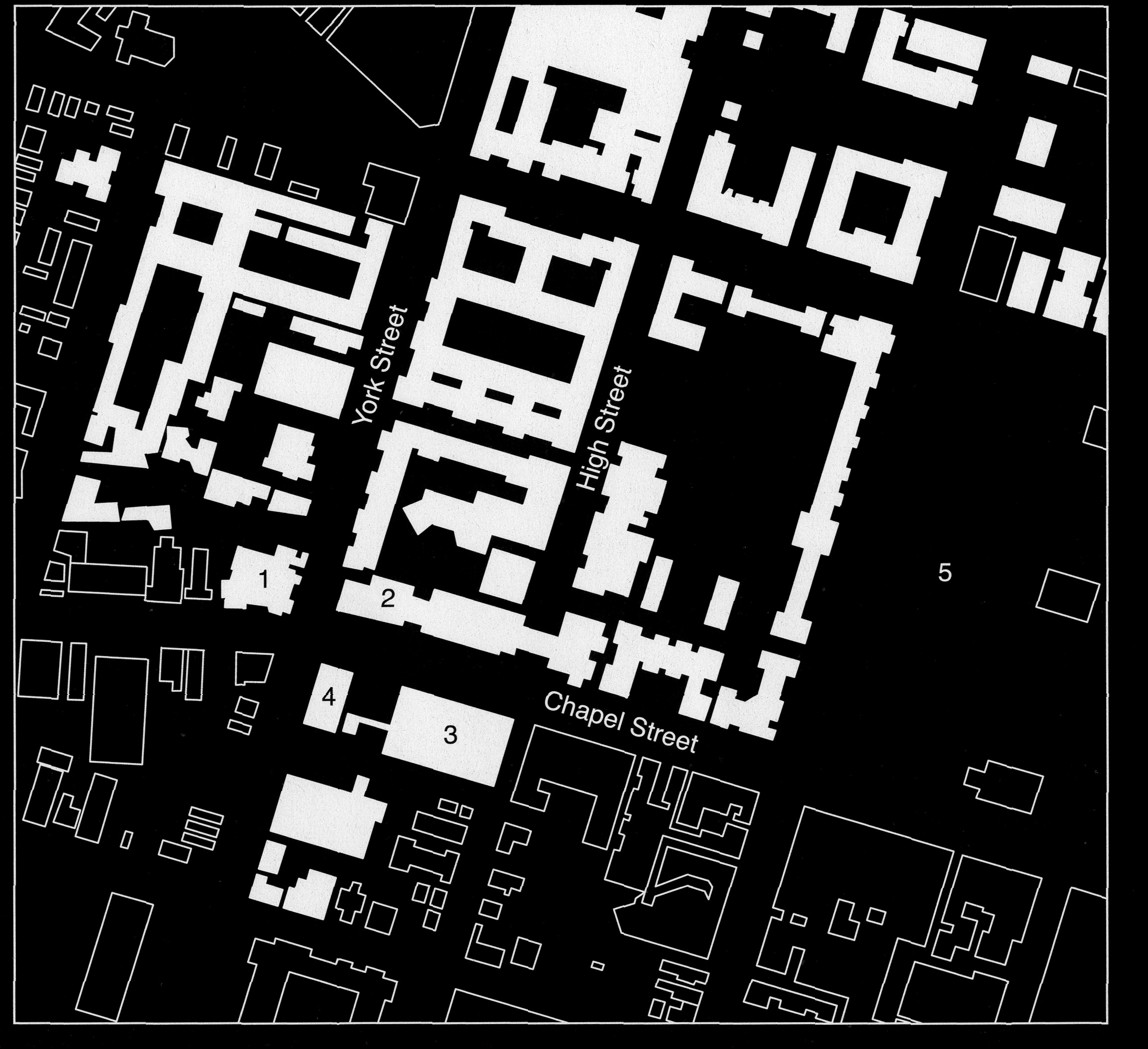Site plan of Yale University campus rendered in white against a black background, showing the positions of the Art and Architecture Building, Yale Art Gallery, Yale Center for British Art, the Repertory Theatre, and the New Haven Green