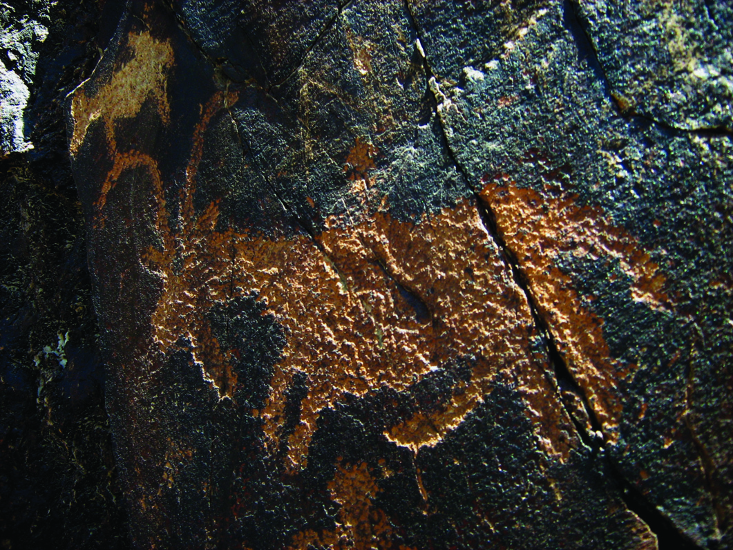 Close-up of a deeply engraved ibex petroglyph at Teimareh showing naturalistic proportions and curved horns on dark stone