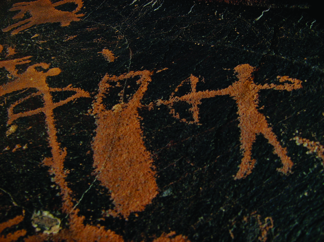 An ibex petroglyph on a dark boulder at Teimareh with a dried thistle plant in the foreground