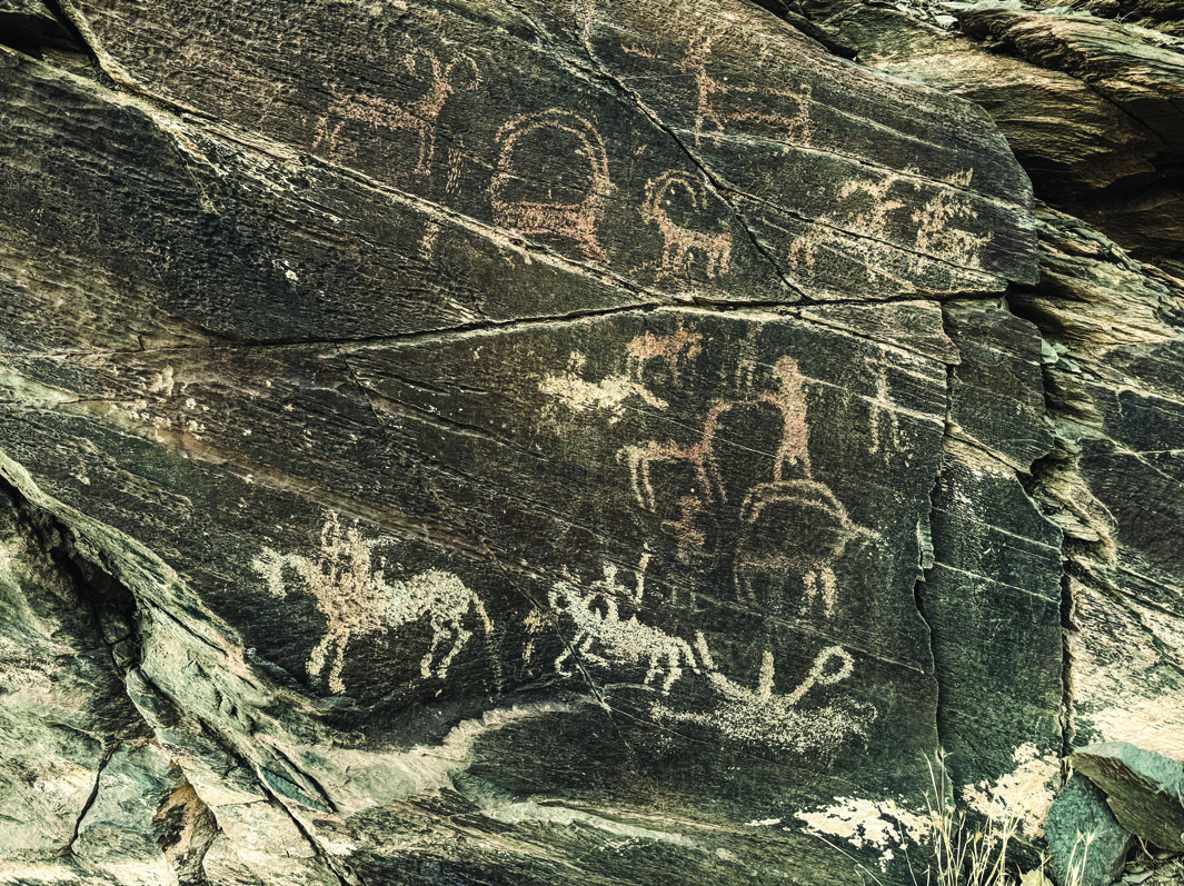 Teimareh petroglyph showing a human figure lassoing an animal to capture it alive