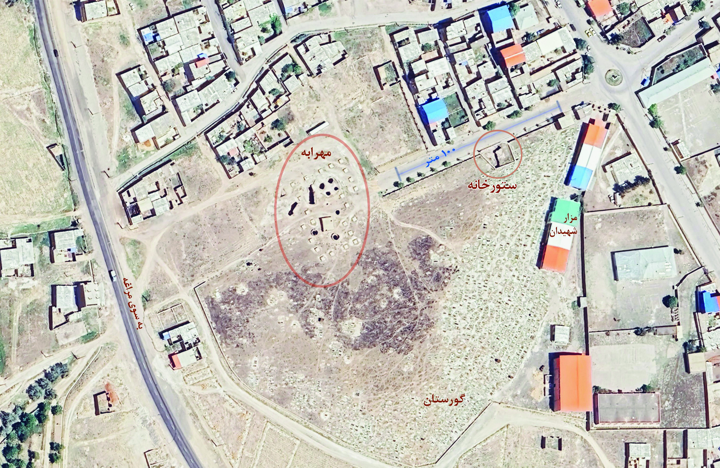 Aerial satellite view of the Varjovi temple site annotated with Farsi labels marking the mithraeum, stable, cemetery, and martyrs' shrine