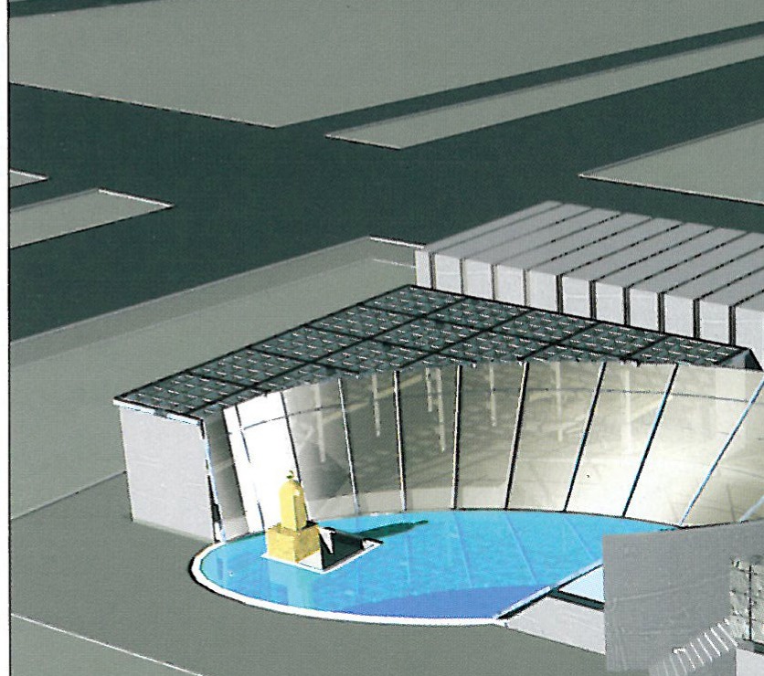 Ground-floor plan, with overhead view of the central volume and the surrounding commercial frame