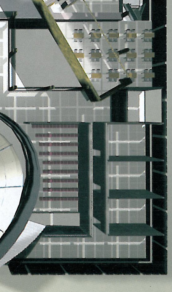 Longitudinal and transverse sections, showing the low building height against the surrounding commercial frontage