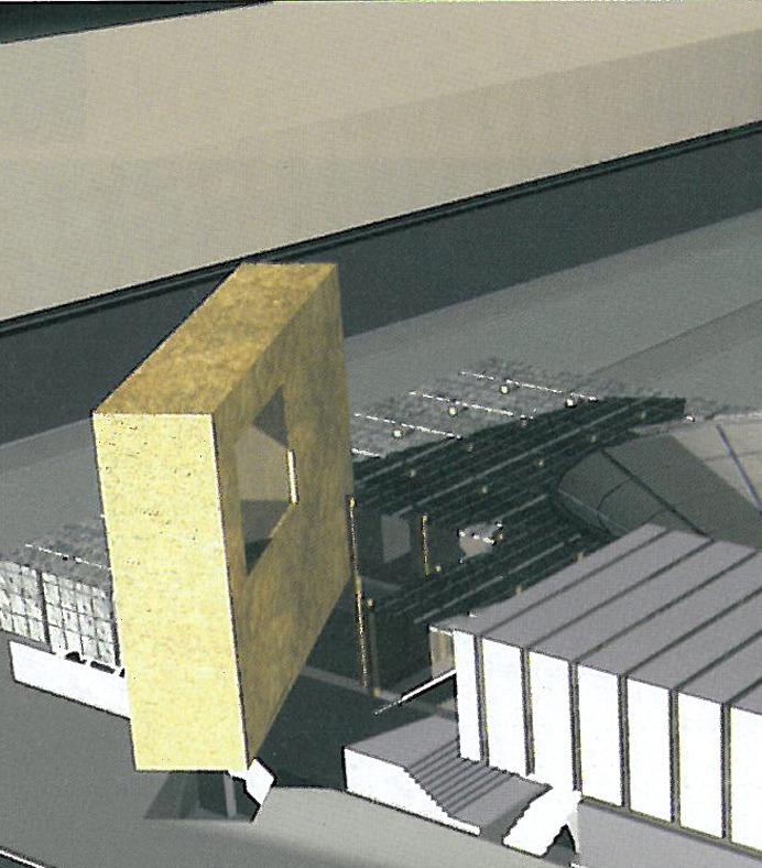 Perspective of the model: the standing yellow volume against the symmetrical surfaces and the middle plinth