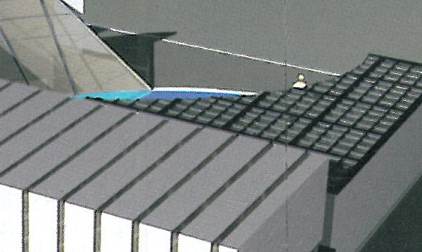 Plan of the complex: sunken garden, amphitheatre, middle plinth, and the tall library volume
