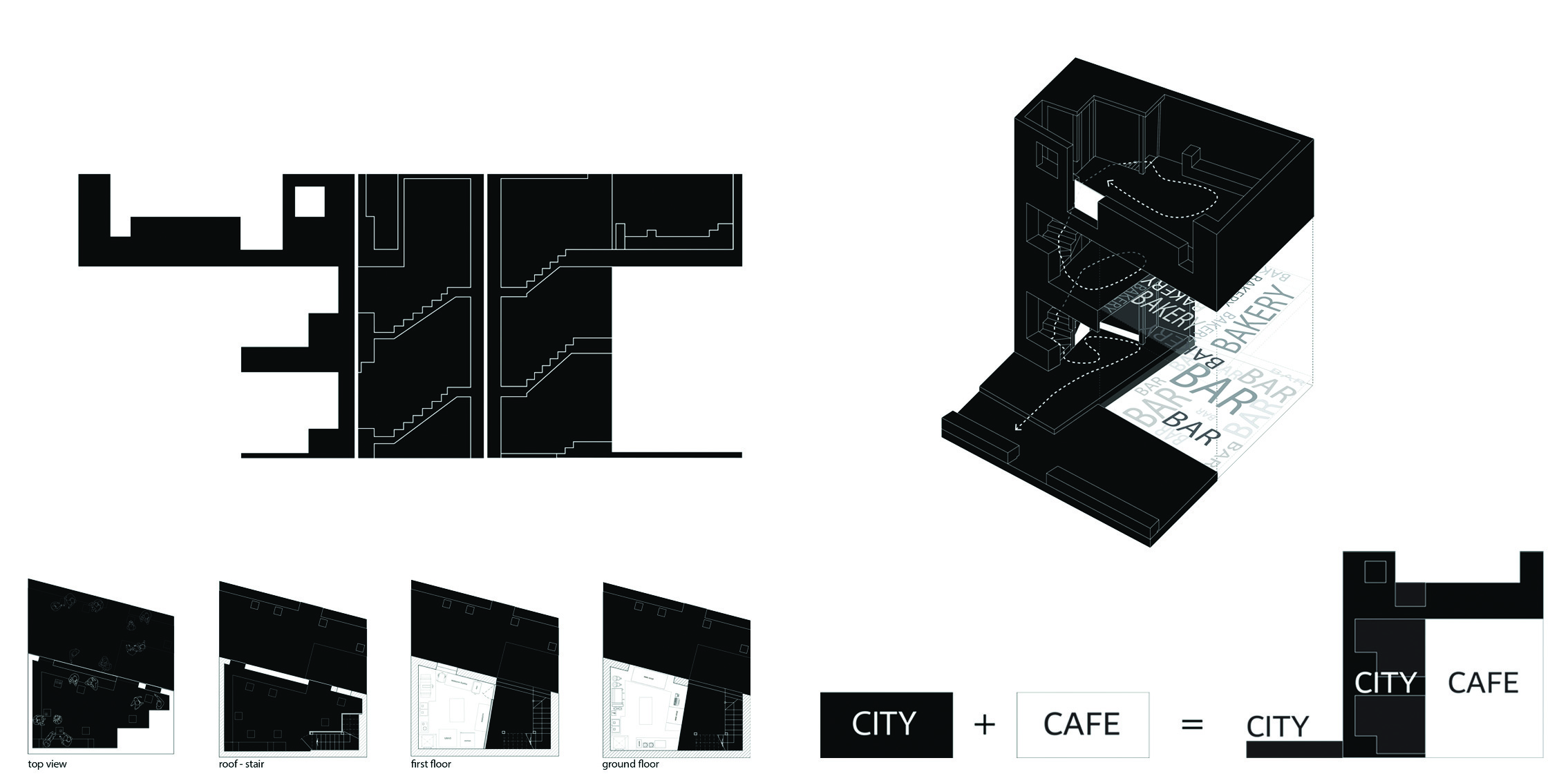 Architectural drawings of Journey Cafe showing floor plans, sections, isometric view with bar and bakery labels, and a conceptual diagram: City + Cafe = City/Cafe/City