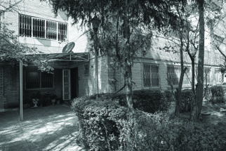 Before renovation: exterior view of the original building surrounded by mature trees and garden, showing the standard residential complex architecture
