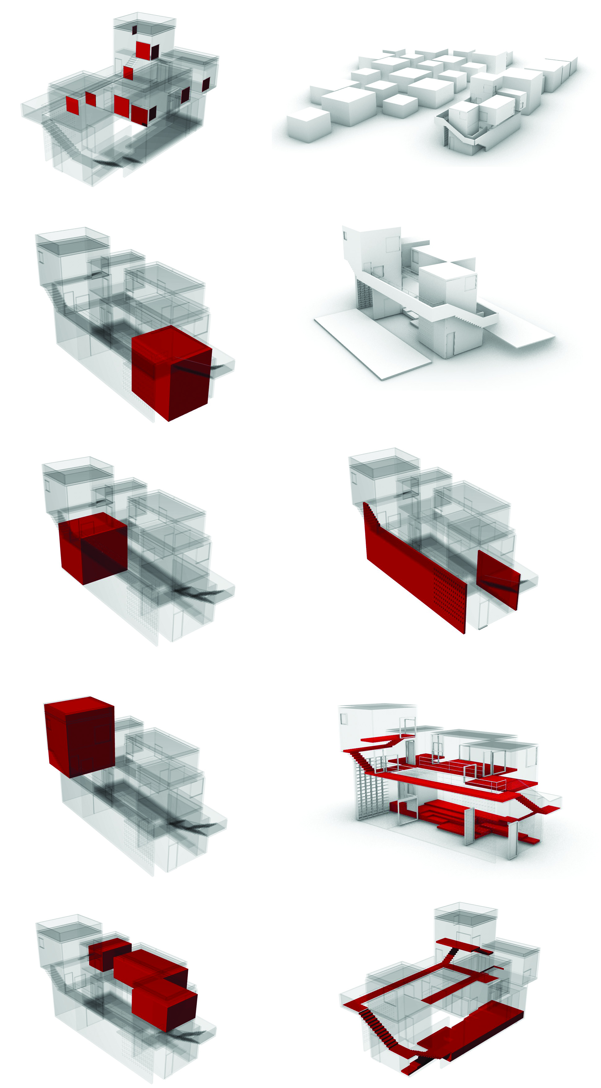 Ten axonometric concept diagrams showing the evolution of the building design, with red-highlighted volumes indicating different functional zones including classrooms, library, cafe, courtyard, and circulation