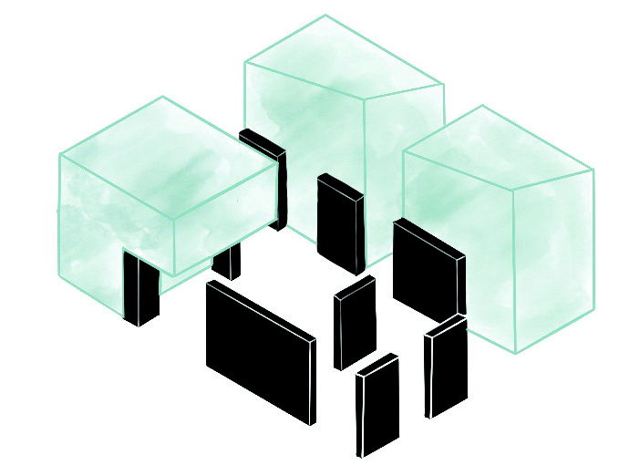 Axonometric concept diagram showing dark load-bearing walls in a grid formation with translucent green volumes inserted between them