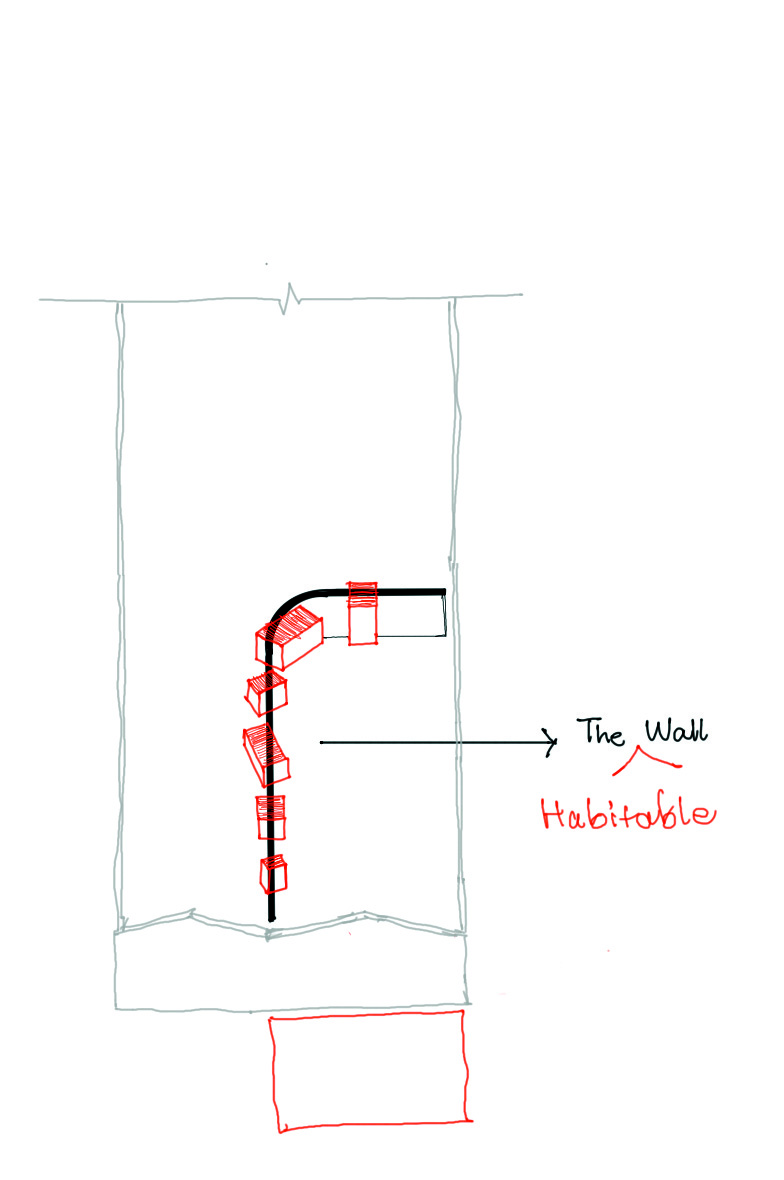 Concept sketch showing a plan of the factory shed with a thick wall between the two halls, labelled 'The Wall' and 'Habitable', with red box modules protruding from the wall