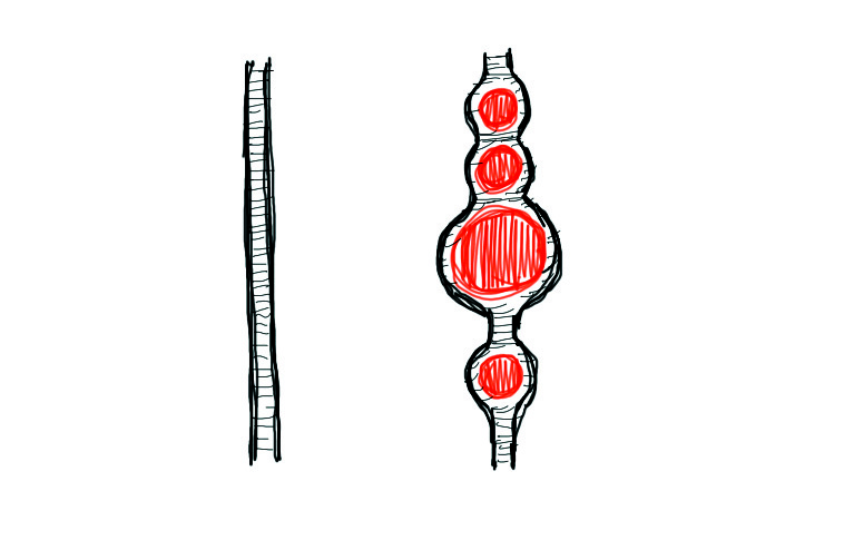 Ink sketch comparing a thin conventional wall on the left with a habitable wall on the right, whose bulging sections accommodate rooms
