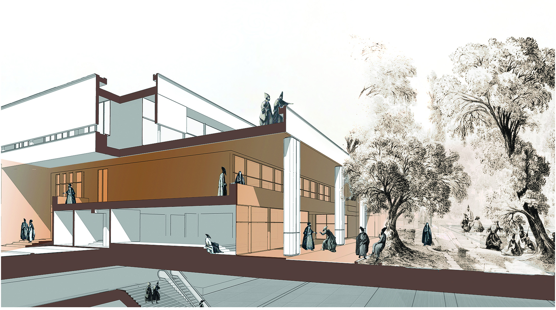 Conceptual rendering of the MetroBam complex overlaid with a historical illustration of Chaharbagh avenue &mdash; colonnaded portico, pedestrians, plane trees