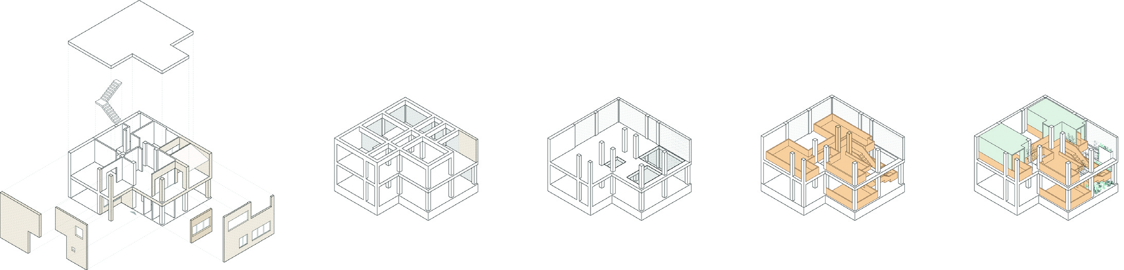 Sequence of five exploded axonometric diagrams showing the design process: original apartment, structural grid, void creation, insertion of wooden volume, and final layered composition