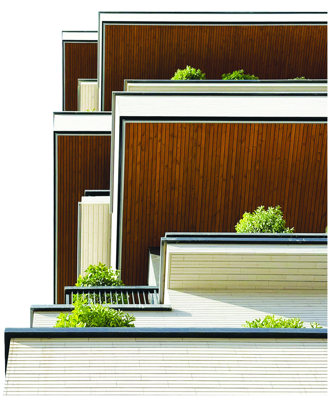 Close-up detail of the building facade showing horizontal concrete slabs with warm wood cladding and green planters on staggered balconies